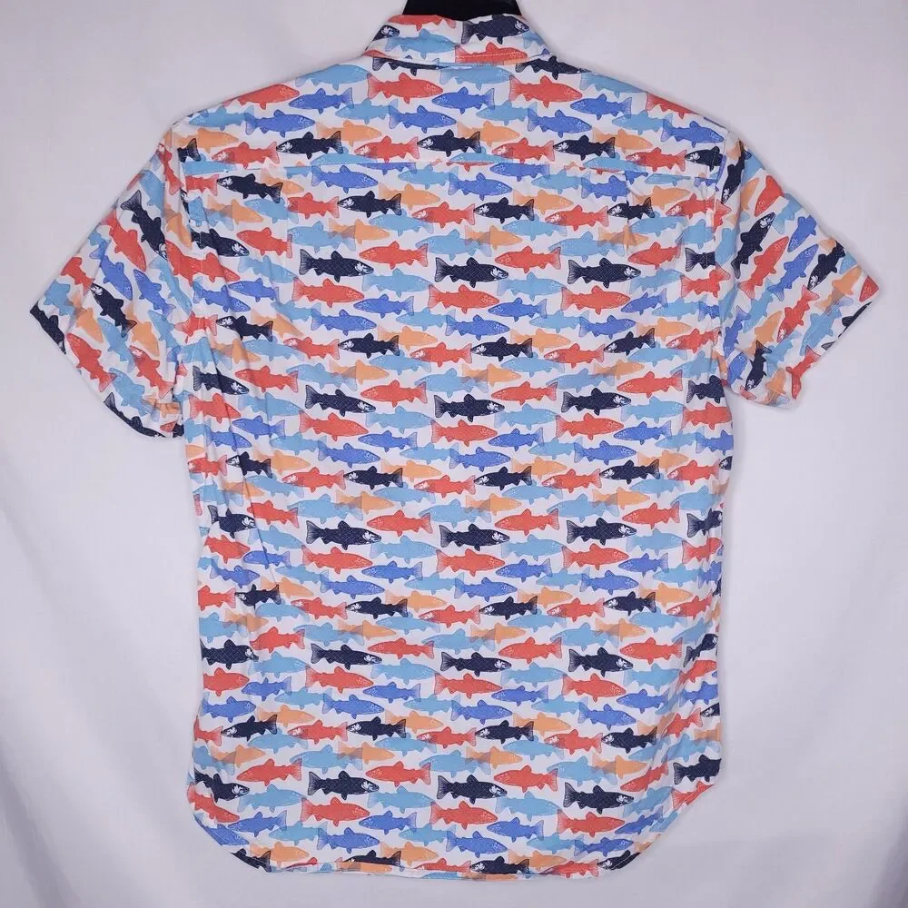 J Crew Shirt Mens Medium Trout Print Colorful Short Sleeve Flex Washed Slim Fit